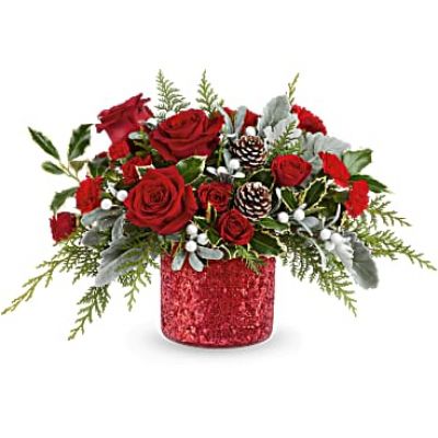 Teleflora's Magical Wish Bouquet brings holiday sparkle to life! Red blooms and festive greens shine in Teleflora's glittering Magical Wish Vase-a dazzling gift for Christmas or any winter celebration.