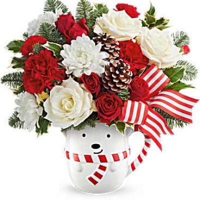 Send warm holiday hugs with Teleflora's Send a Hug® Cozy Cub Wish Bouquet! Festive red blooms and fresh greens arrive in Teleflora's adorable bear mug-perfect for Christmas cheer and cozy winter gifting.