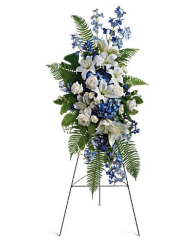 <div id="mark-1" class="m-pdp-tabs-marketing-description">Tranquil blue and white flowers reminiscent of a soft ocean breeze offer comfort. The standing spray presented on an easel includes fragrant white lilies and tropical greenery.</div>
<div id="desc-1">
<ul>
 	<li>This standing spray includes blue hydrangea and delphinium, white roses and asiatic lilies, plus tropical ferns and leaves.</li>
</ul>
</div>