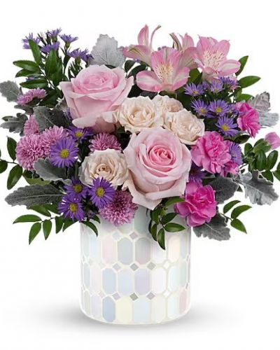 <div id="mark-3" class="m-pdp-tabs-marketing-description">Add a touch of elegance to any space with Teleflora's Alluring Mosaic cylinder, a timeless piece that sparkles with pastel shimmer, perfectly complementing a lush bouquet of pink and purple flowers, making it a cherished centerpiece for years to come..</div>
&nbsp;
<div id="desc-3">Indulge in soft, pastel shimmer with Teleflora's Alluring Mosaic cylinder, perfectly complemented by a bouquet of pink roses, crème spray roses, pink alstroemeria, hot pink miniature carnations, lavender button spray chrysanthemums, and huckleberry for an enchanting Mother's Day gift.</div>