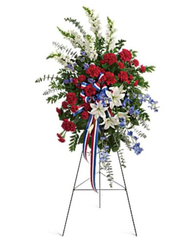<div id="mark-1" class="m-pdp-tabs-marketing-description">Sparkling like an Independence Day fireworks display, a striking red, white and blue spray stands tall proud and patriotic. Bearing the colors of our nation's flag, it's a grand and fitting tribute to members of the military and American heroes.</div>
<div id="desc-1">
<ul>
 	<li>Adorned with yards of multicolored patriotic ribbon, this easel-mounted standing spray features flowers such as red carnations, white asiatic lilies and snapdragons, and blue delphinium, along with an assortment of greens.</li>
</ul>
</div>