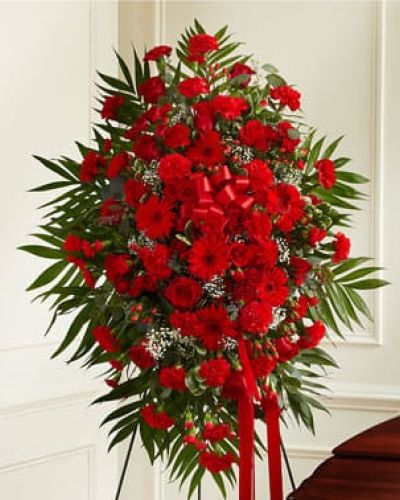 This Profound Sympathies Standing Spray in beautiful red is a touching symbol of your sympathy and support. It is expertly crafted with red flowers such as roses, Gerbera daisies, spray roses, carnations and more. An appropriate gift for family, friends and business associates to send directly to the funeral home.