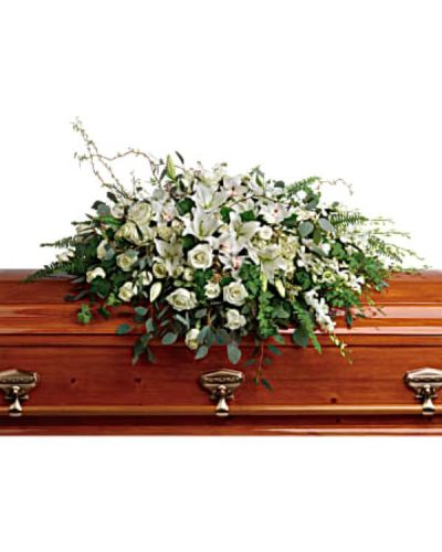 <div id="mark-1" class="m-pdp-tabs-marketing-description">Peaceful and majestic, this grand spray of snow white hydrangea, orchids, roses and lilies is a hopeful tribute to a bright life and your unending love.</div>
<div id="desc-1">This stunning spray features white hydrangea, white cymbidium orchids, white dendrobium orchids, white roses, white spray roses, white oriental lilies, curly willow, green ivy, parvifolia eucalyptus, seeded eucalyptus, silver dollar eucalyptus, sword fern, and lemon leaf.</div>