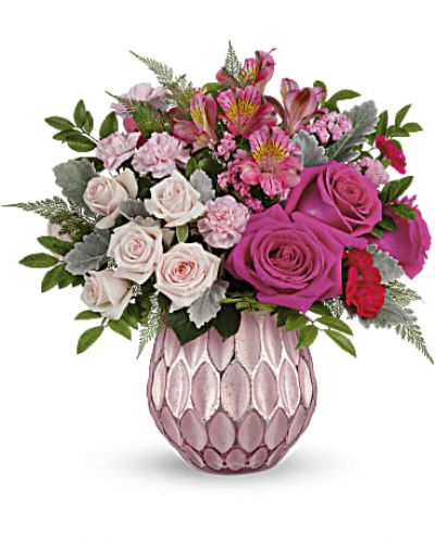<div id="mark-3" class="m-pdp-tabs-marketing-description">Keep 'em blushing this Valentine's Day with the prettiest pink roses, presented to perfection in a sculpted pink glass vase with a fabulously frosted, faux mercury glass finish.</div>
<div id="desc-3">This arrangement features hot pink roses, light pink spray roses, dark pink alstroemeria, miniature pink carnations, pink sinuata statice, dusty miller, huckleberry and leatherleaf fern. This perfectly pink bouquet is delivered in Teleflora's Pretty Love Vase.</div>