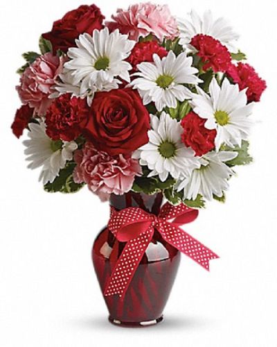 <div class="m-pdp-tabs-description">
<div id="mark-1" class="m-pdp-tabs-marketing-description">Delight your love with this beautiful bouquet of bright white chrysanthemums, precious pink carnations, romantic red roses and more in a radiant red vase.</div>
</div>
<p id="arrngDescp">The charming bouquet includes white daisy spray chrysanthemums, pink carnations, red miniature carnations and red roses accented with fresh greenery in a stylish red vase.</p>