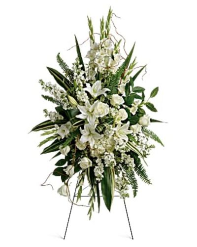 <div class="m-pdp-tabs-description">
<div id="mark-1" class="m-pdp-tabs-marketing-description">

<hr />

This beautiful spray includes white hydrangea, white roses, white oriental lilies, white gladioli, white stock, pitta negra, sword fern, curly willow, variegated aspidistra leaves, and lemon leaf. Delivered on a wire easel.

</div>
</div>
<p id="arrngDescp">This beautiful spray includes white hydrangea, white roses, white oriental lilies, white gladioli, white stock, pitta negra, sword fern, curly willow, variegated aspidistra leaves, and lemon leaf. Delivered on a wire easel.</p>