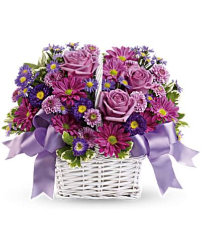 <div class="m-pdp-tabs-description">
<div id="mark-1" class="m-pdp-tabs-marketing-description">Get a handle on spring with this delightful array of floral favorites in a charming white bamboo basket accented with lavender ribbon. Surprise someone who could use a lift. It will make you both happy.</div>
</div>
&nbsp;
<ul>
 	<li>The cheerful bouquet includes lavender daisy spray chrysanthemums, dark purple asters, lavender cushion spray chrysanthemums and purple asters accented with fresh greenery.</li>
 	<li>The flowers are delivered in a white bamboo basket accented with a lavender gingham ribbon.</li>
</ul>
&nbsp;