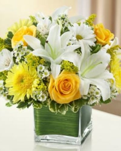 Send a bright and beautiful message with this graceful yellow and white arrangement of roses, lilies, cremones, alstroemeria, daisy poms and solidago is hand-arranged in a cube vase.