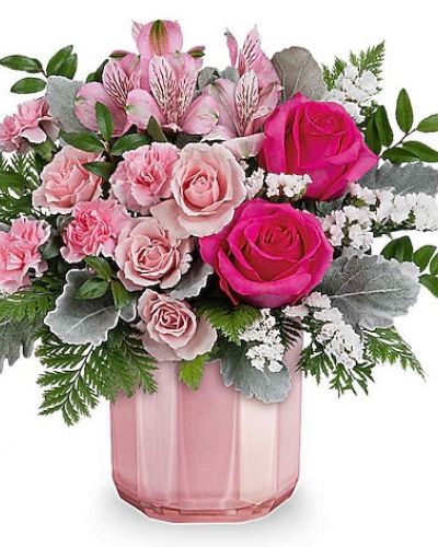 <div id="mark-3" class="m-pdp-tabs-marketing-description">Keep them blushing with the most beautiful pink Valentine's Day bouquet, elegantly displayed in a sculpted pink glass vase featuring a stunning pearlescent finish.</div>
&nbsp;
<div id="desc-3">This Valentine's Day arrangement showcases hot pink roses, pink spray roses, pink alstroemeria, miniature pink carnations, white sinuata statice, dusty miller, huckleberry, and leatherleaf fern. This beautifully pink bouquet is delivered in Teleflora's Blushing Gem Vase.</div>