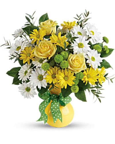 <div id="mark-1" class="m-pdp-tabs-marketing-description">Pure joy! Brighten any occasion with this sunny mix of golden and white daisies in a cheerful yellow vase. A spotty dotty bow adds a dash of fun!</div>
<div id="desc-1">
<ul>
 	<li>This happy bouquet includes white and yellow daisy spray chrysanthemums, green button spray chrysanthemums, lemon leaf, and parvifolia eucalyptus.</li>
 	<li>Delivered in Teleflora's Yellow Serendipity vase.</li>
</ul>
</div>